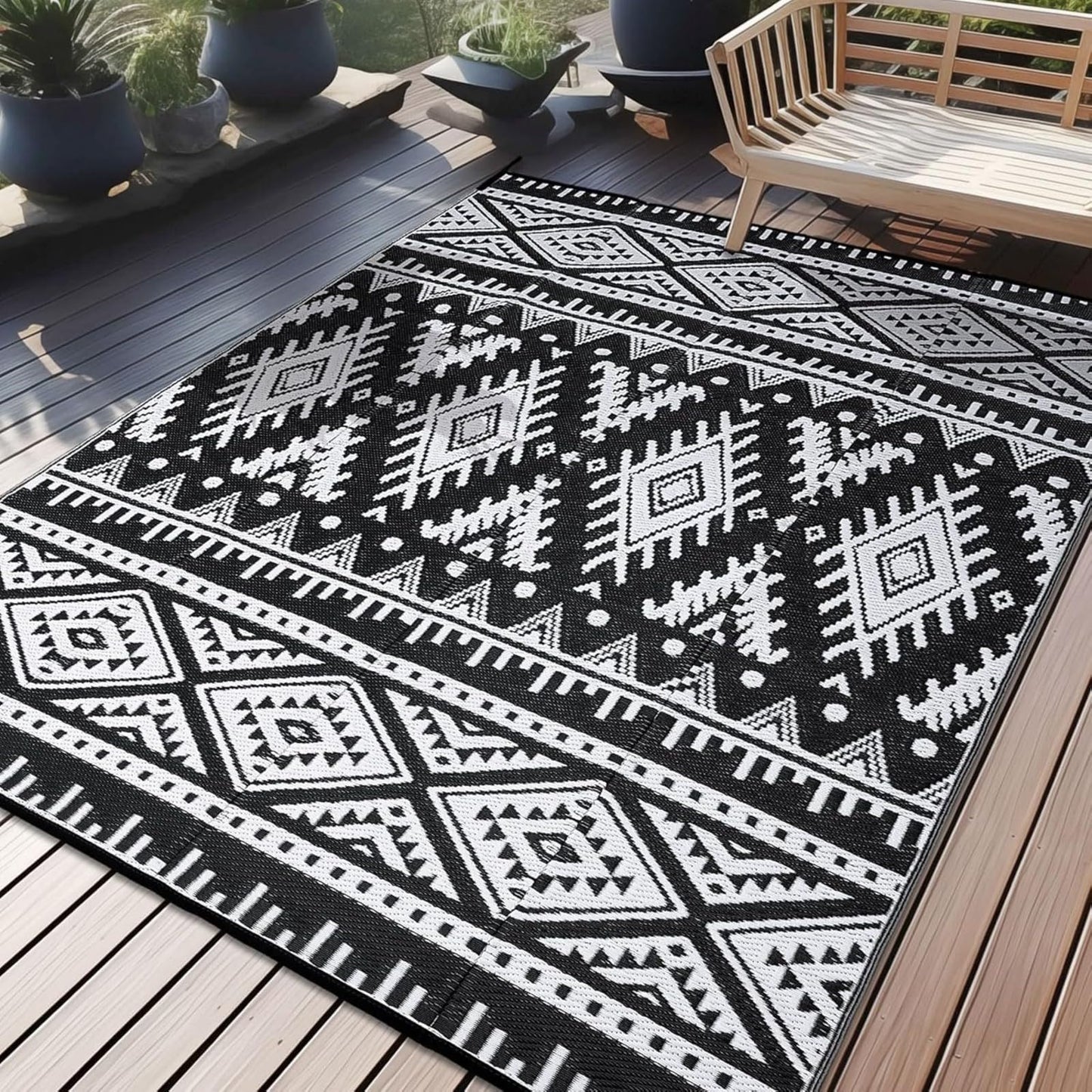 OLANLY Waterproof Outdoor Rug 6x9 ft, Reversible Plastic Straw Patio Camping Rugs, Large Foldable Outdoor Carpet Deck Rugs for Patio, RV, Outside Entry, Backyard, Bench, Picnic, Black & White
