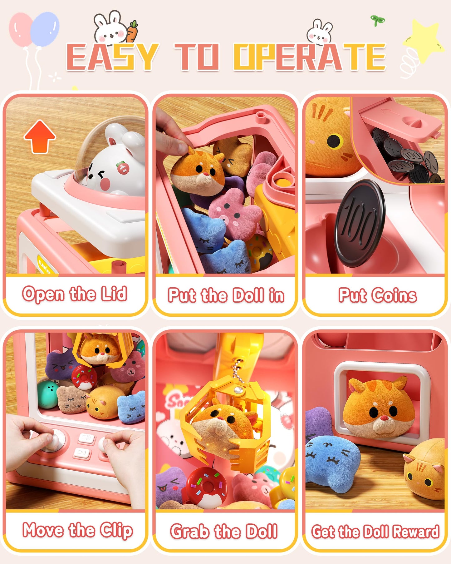 Rabbit Claw Machine for Kids, Mini Vending Machine with Game Coins & Music, Prize Dispenser Toys for Girls and Boys, Electronic Claw Game Machine for Party Birthdays, Includes 30 Mini Toys