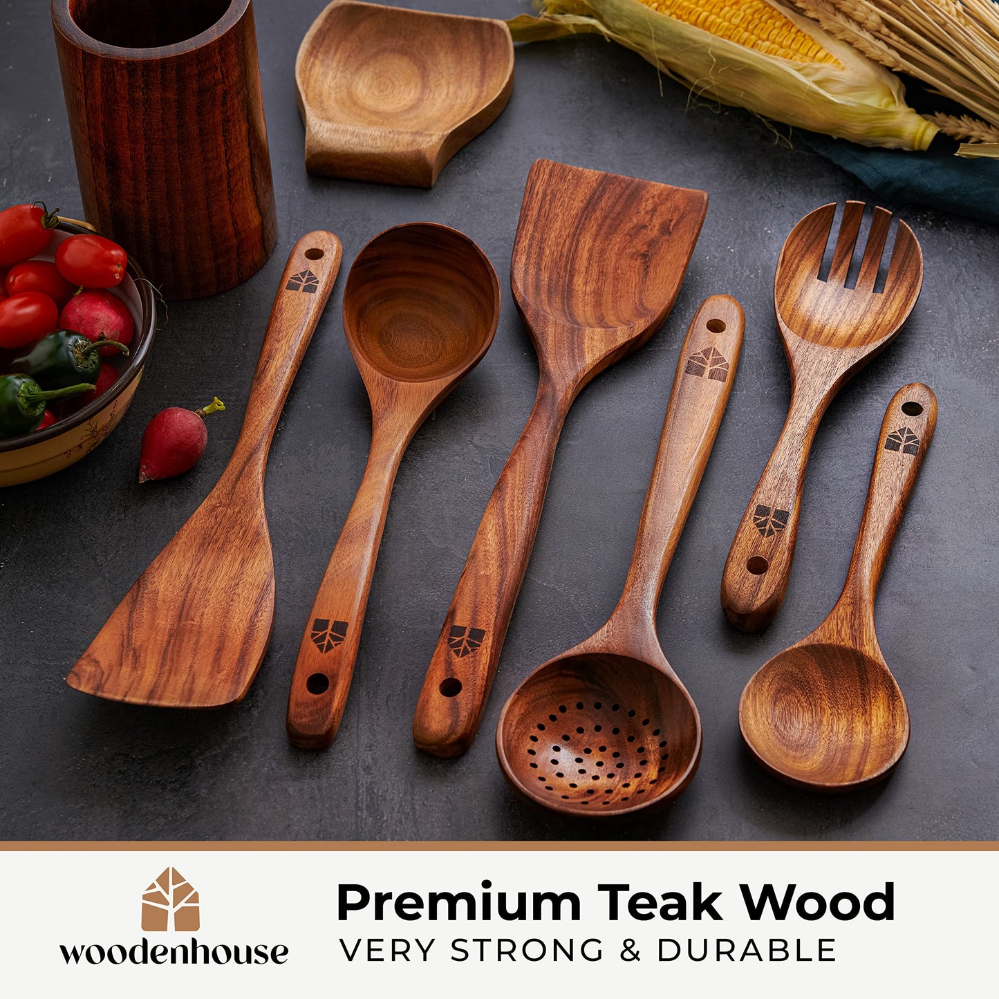 Wooden Spoons for Cooking, Cooking Utensils Set, Kitchen Utensil Set with Holder, Spoon Rest & Hanging Hooks, Teak Wood Nonstick Cookware – Durable Set of 8pcs by Woodenhouse
