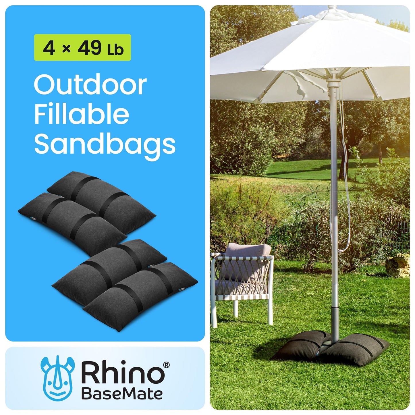 Rhino BaseMate Umbrella Base Weights 4-Pack – Fillable Sand Bags for Umbrella Base & Patio Stand | Durable Weatherproof Sandbag Weights for Outdoor Umbrellas, Arched Design, Holds Up to 49 lbs Each