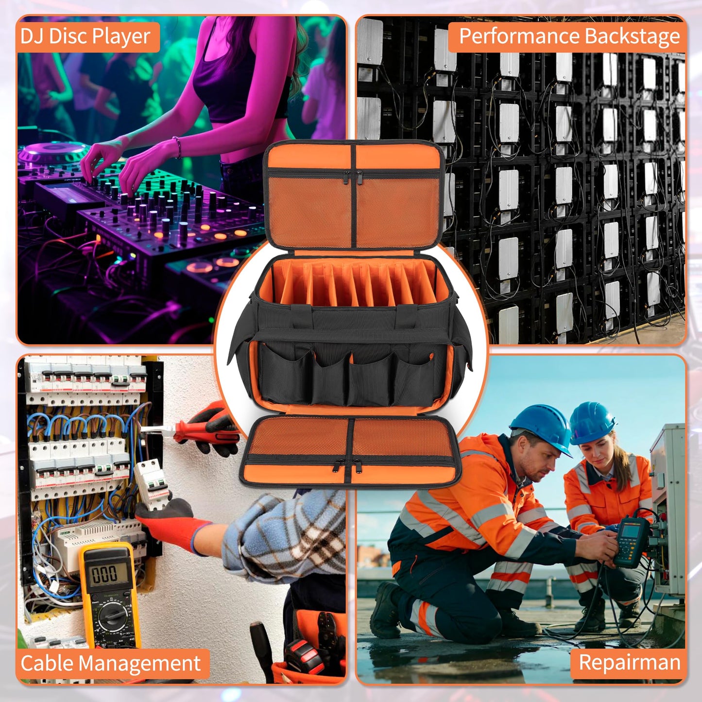 Cushioned-Bottom Cable case with Removable dividers, Featuring Multiple Pockets for Audio Equipment, DJ Gear, and Musician Accessories. (Orange, L-51x30x30CM)