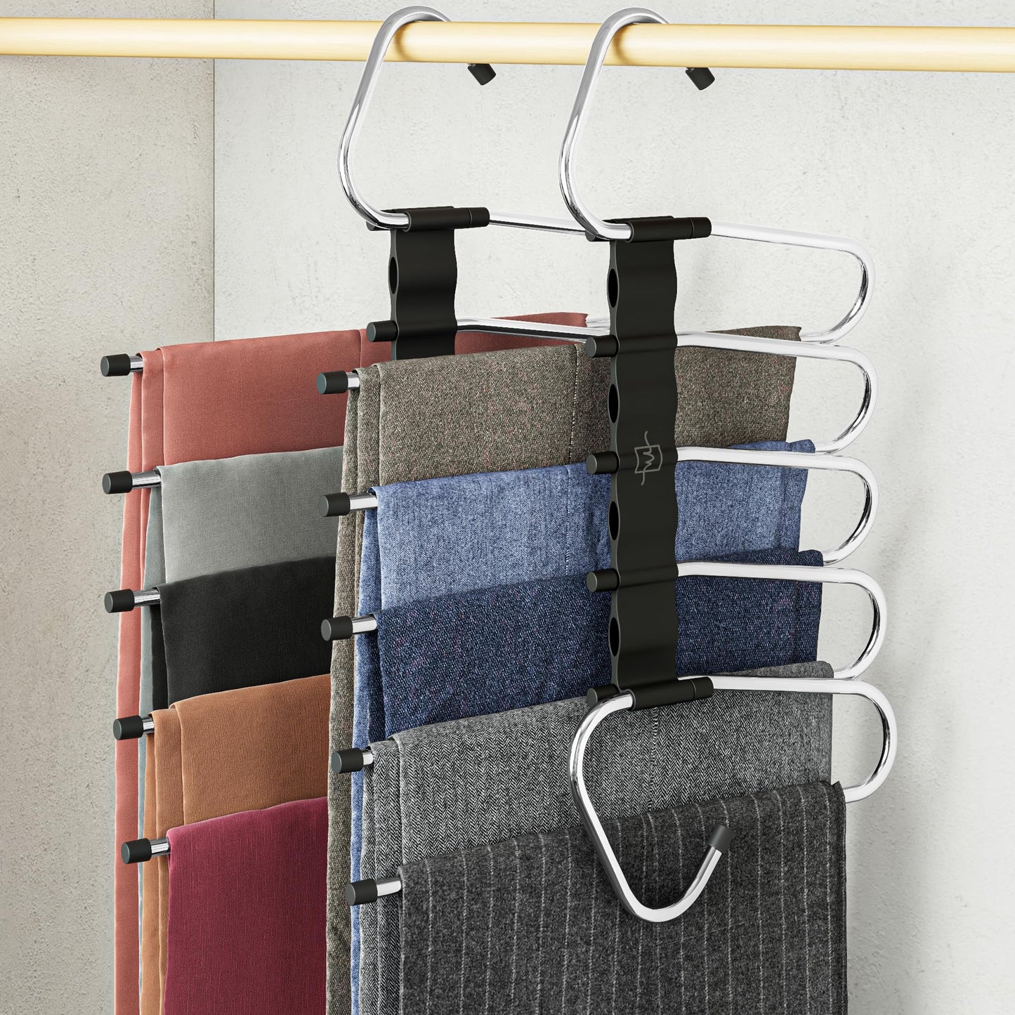 MORALVE Pants Hangers Space Saving - 4 Pack - Non-Slip Multi-Layer Space Saving Hangers - Multifunctional Clothing Rack for Closet Storage - Ideal for Jeans, Trousers, Skirts, Scarves & Slacks (Black)