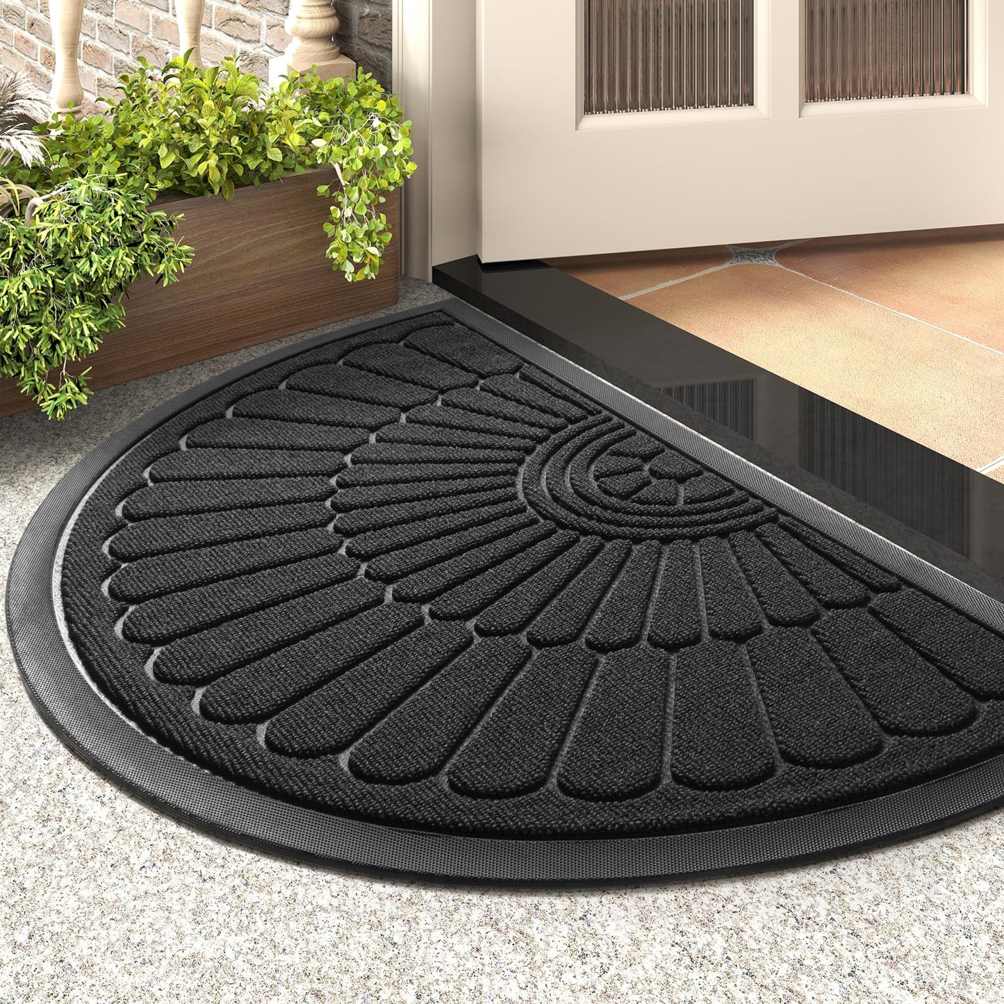 Front Door Mat Outdoor Indoor Welcome Mat-Semicircular 60X90CM Non Slip Heavy Duty Rubber Doormat-Absorbent Entryway Rug Entrance Doormat Entry Rug Dirt Scraping Shoe Mat Black