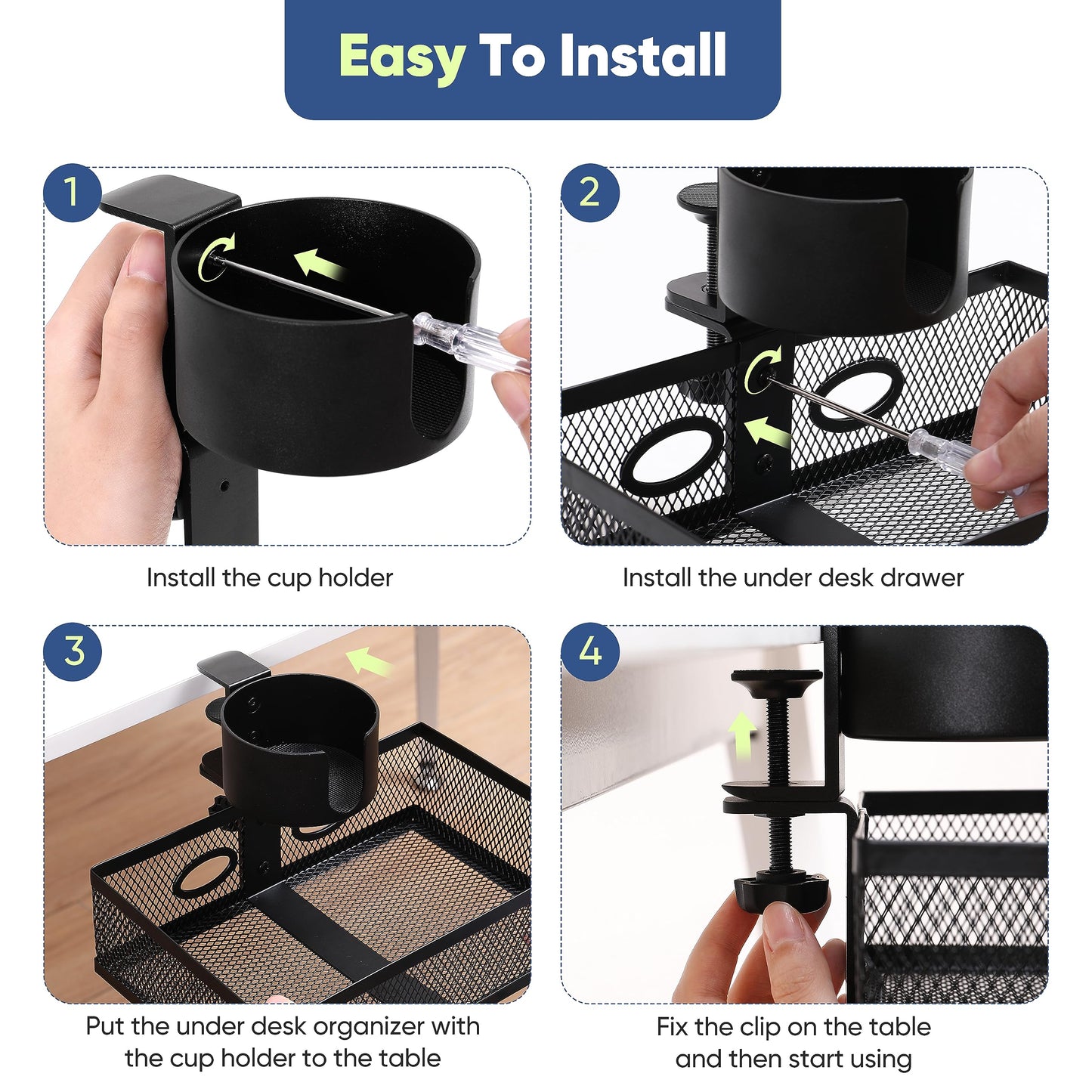 ROLIZOE 360 Rotating Under Desk Drawer Organizer Clamp On Desk Cup Holder No Drilling Swivel Pencil Drawer Under Shelf Storage Anti-slip Mesh Metal Under Table Storage Drawer Basket for Home Office
