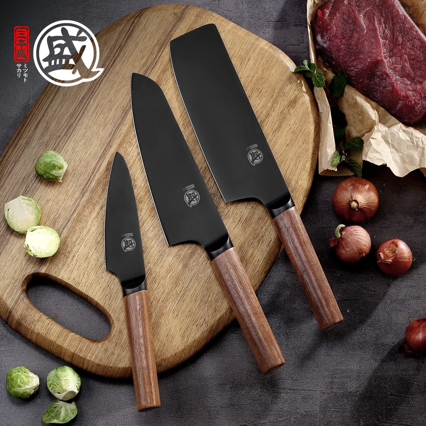 MITSUMOTO SAKARI 7 inch Japanese Nakiri Chef Knife, Professional Black Titanium Coated Vegetable Kitchen Knife, German Premium Alloy Steel Cooking Chef's Knives (Walnut Handle & Box Package)