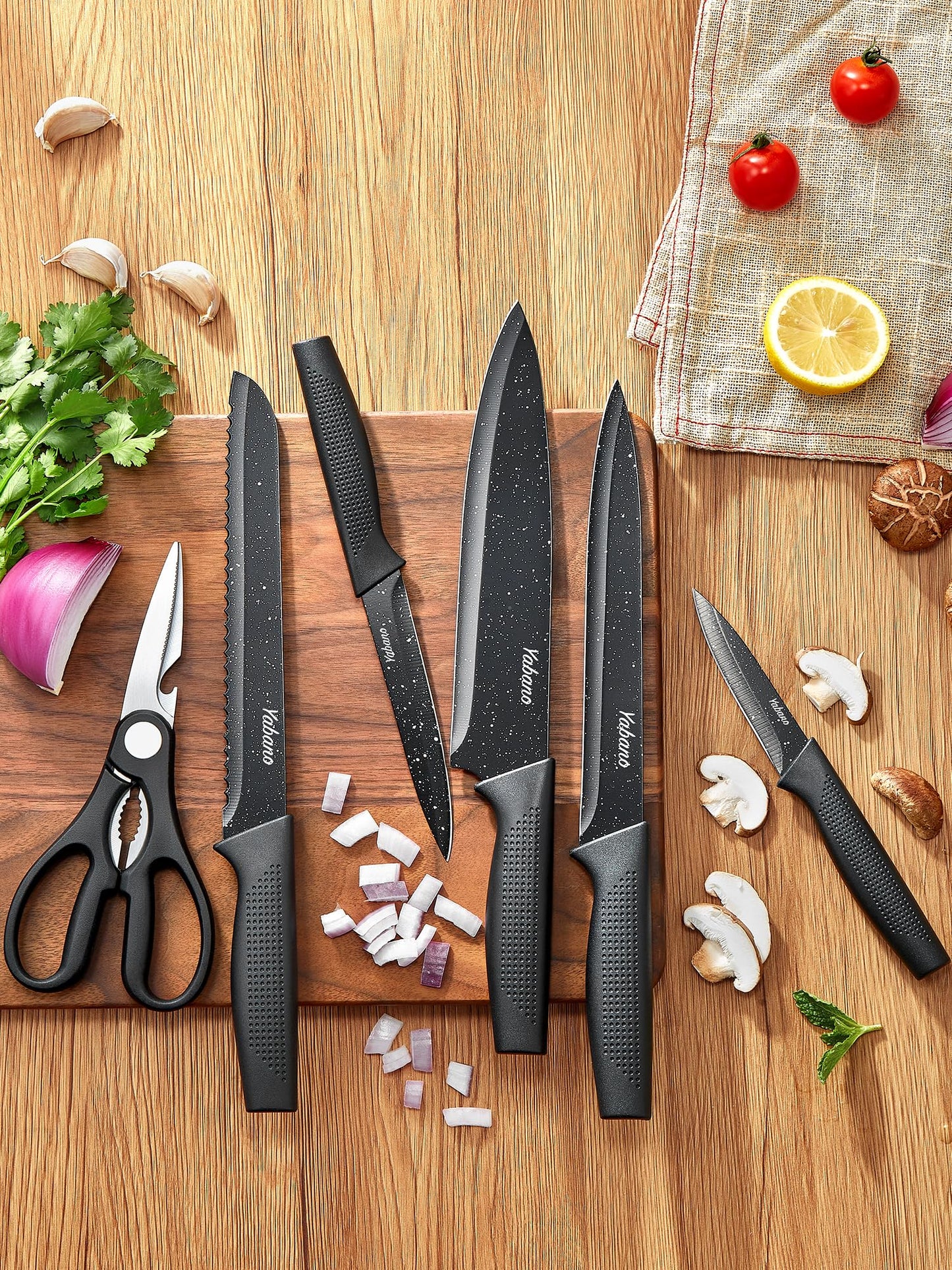 Knife Set, Yabano No Rust Kitchen Knives with PE Universal Knife Block 7 Pieces, High Grade Small Knife Block Set with Black Coating, Dishwasher Safe (White)