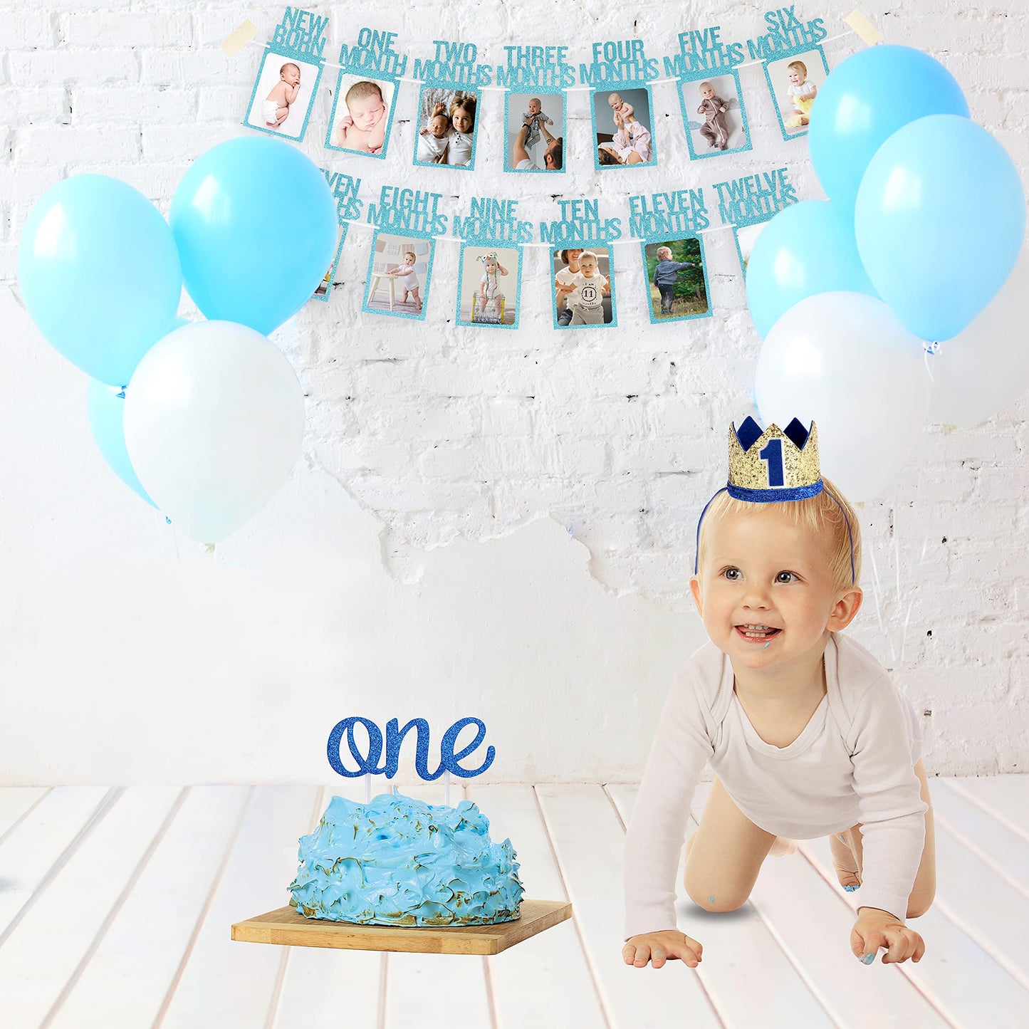 PartyHooman Boy 1st Birthday Decors: Package With Photo Banner, Backdrop, Crown, High Chair Banner & Supplies