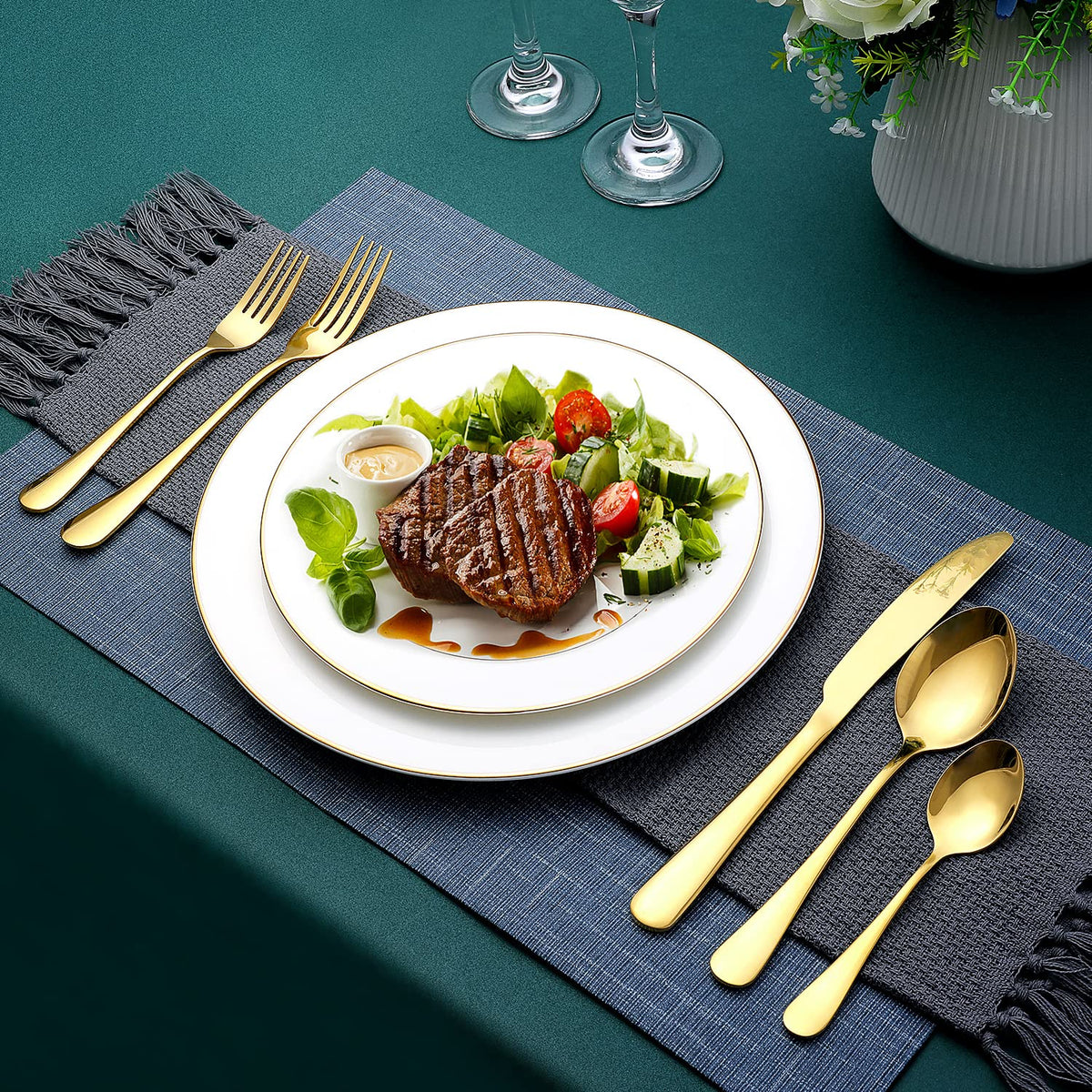 Gold Flatware Set, OGORI 40-Piece Food Grade Stainless Steel Gold Silverware Set Service for 8, Mirror Polished Cutlery Utensils Set Include Knife/Fork/Spoon, Dishwasher Safe