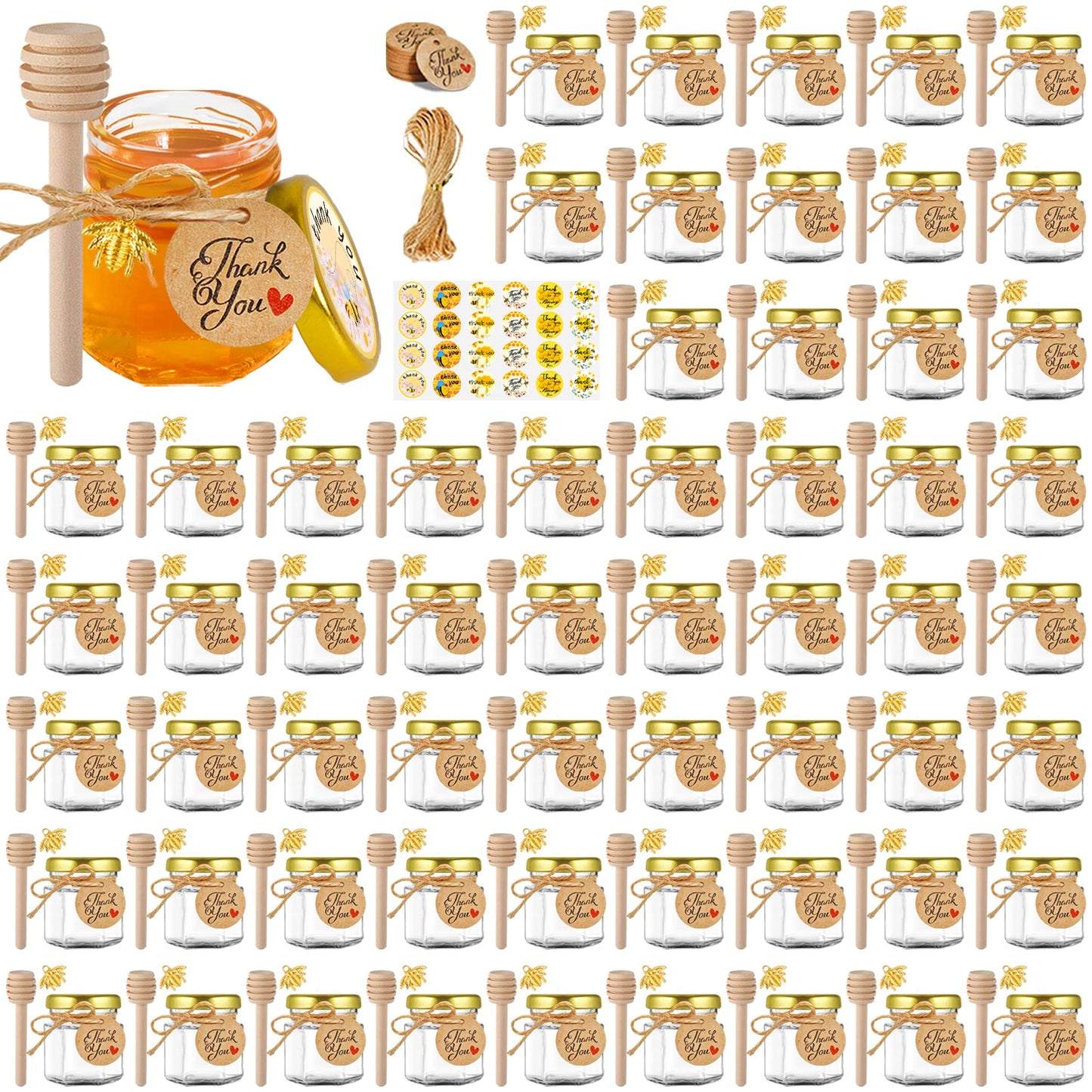 GIVAMEIHF 60 pack -1.5oz Small Honey Jars with Wooden Dipper,Gold Lid,Bee Charms,Stickers,Rope,Mini Honey Jars with Lids for Baby Shower Wedding Party Favors