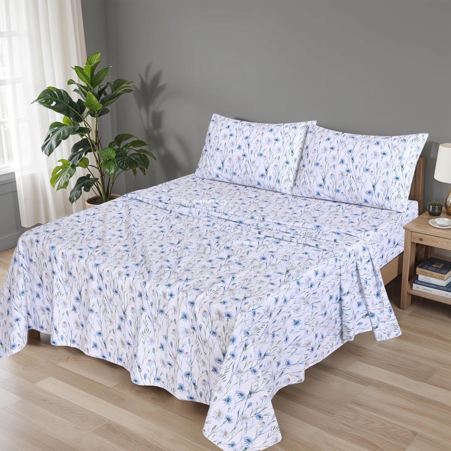 RUVANTI 100% Organic Cotton Sheets - Queen Sheet Set - 4 Piece Percale Weave Bedding, Crisp, Cooling & Breathable, Soft & Durable, 16" Deep Pocket, Hotel Quality Sábanas - Daisy Bud