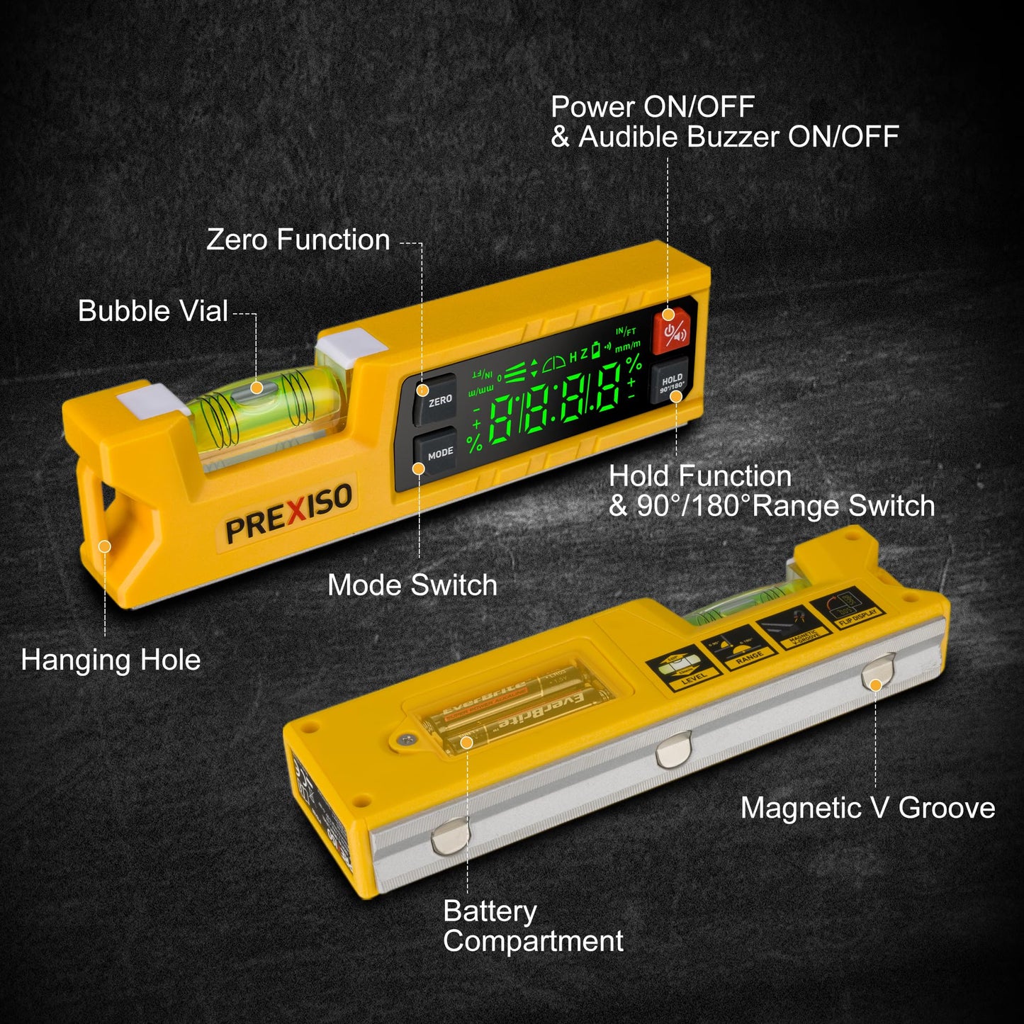 PREXISO Magnetic Digital Level & Protractor, 7 inch Angle Finder 0-90° & 0-180° Range, Electronic Bubble Inclinometer with Magnetic V-Groove & Audio Indicator for Woodwork, Home Drainage Leveling