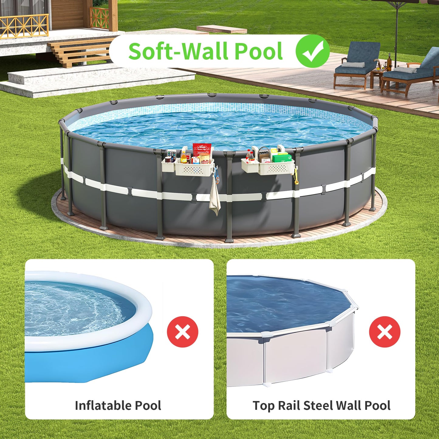 2 Sets of Poolside Storage Baskets with Cup Holders - Perfect for 3-Inch or Smaller Top Rails - Above Ground Pool Accessories - Fit for Most Above Ground Pool(Beige)