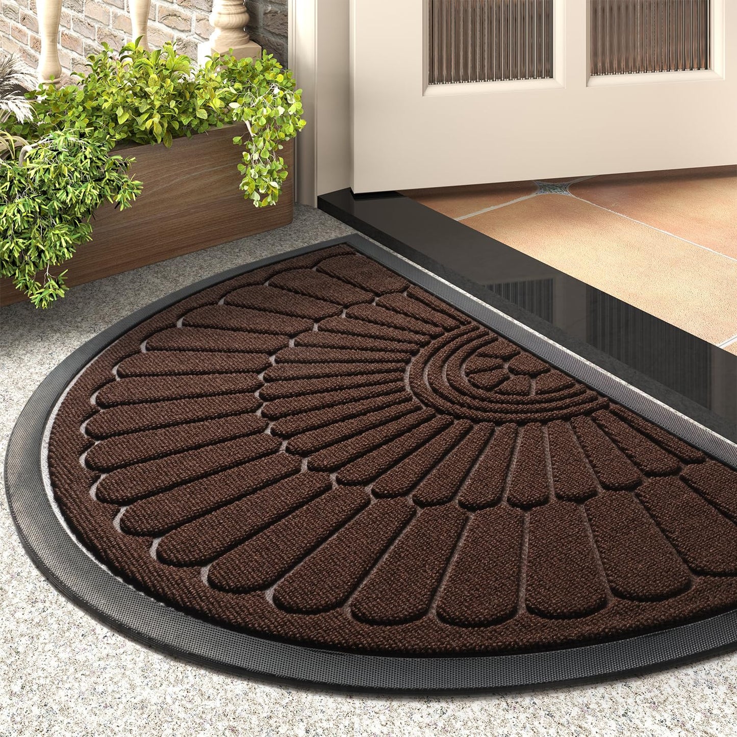 Front Door Mat Outdoor Indoor Welcome Mat-Semicircular 60X120CM Non Slip Heavy Duty Rubber Doormat-Absorbent Entryway Rug Entrance Doormat Entry Rug Dirt Scraping Shoe Mat Brown