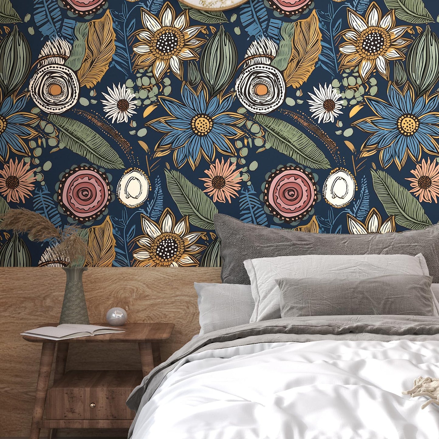 Boho Wallpaper Peel and Stick,Vintage Floral Contact Paper 17.5" x 118", Retro Botanical Flower Wall Paper Self Adhesive Removable Waterproof for Walls Shelves Cabinet Table (Blue,Yellow, Green)