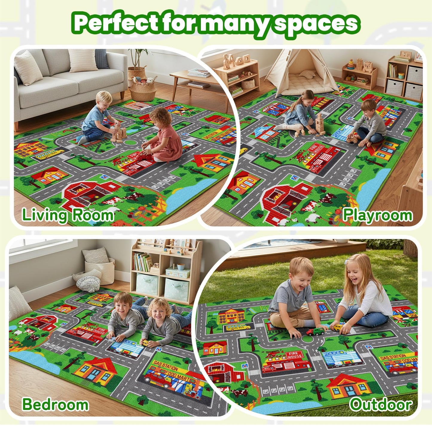 Mfmiudole Kids Carpet Car Play Rug, 7'X5' Non-Slip Kids Rug for Playroom, Town City Road Map Rug, Extra Large Boys Children Car Track Carpet for Playroom, Bedroom, Living Room (Green, 200X150 CM)