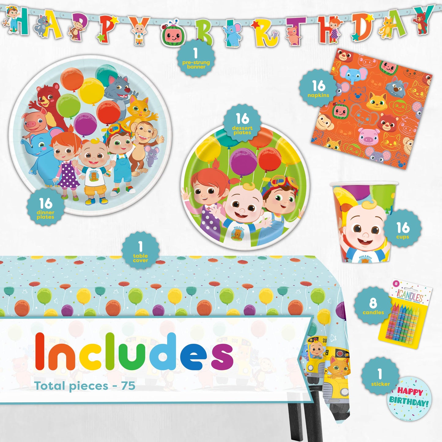 Cocomelon Party Supplies Set | Cocomelon Birthday Party Supplies and Decorations | Serves 16 Guests | With Banner, Table Cover, Plates, Napkins, Cups