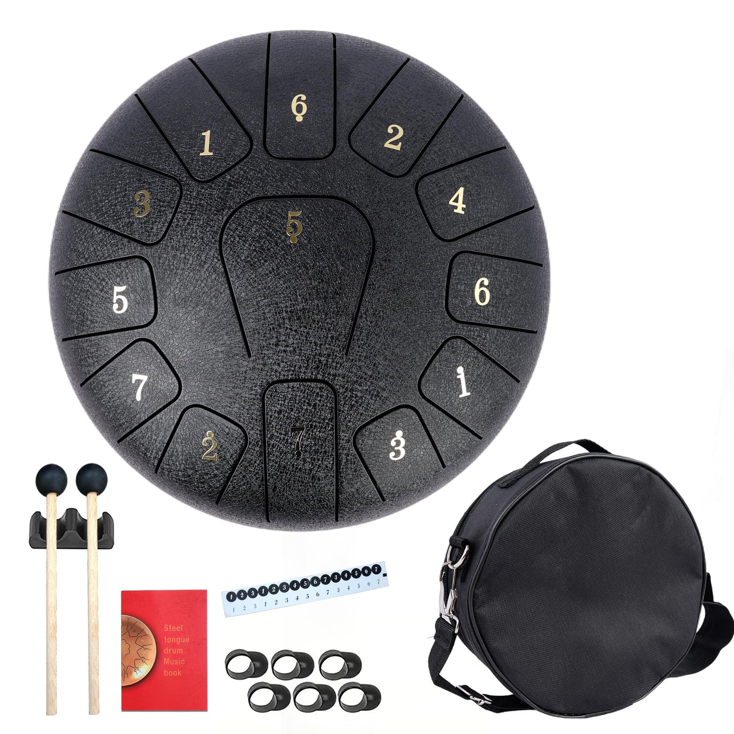 13-Note Steel Tongue Drum - 10 Inch Outdoor Waterproof Rain Drum with Carry Bag, Mallets & Music Book (Black)