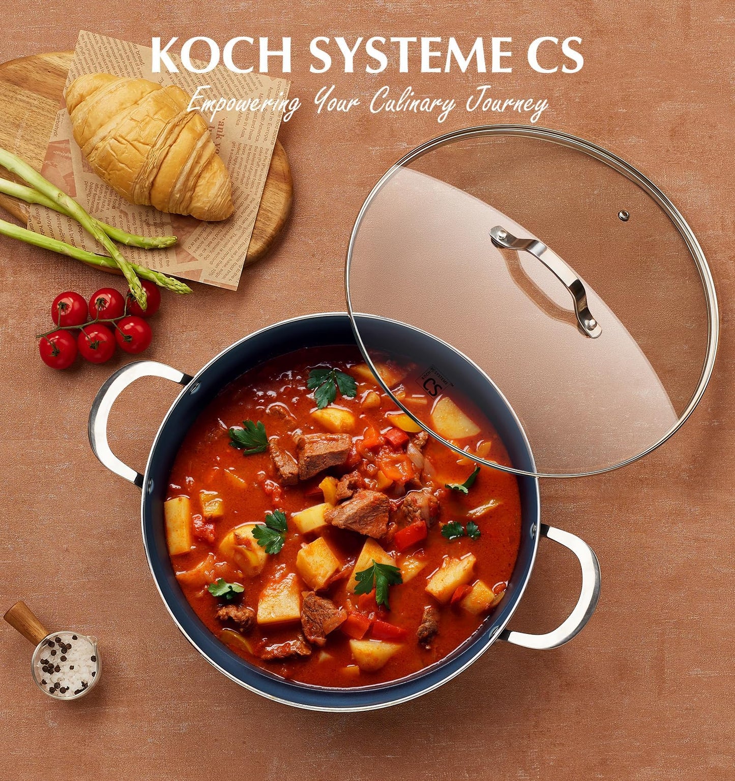 KOCH SYSTEME CS 12 Inch Nonstick Deep Frying Pan with Lid, 5.5 Quart Double Handled Saute Pan, Large Ceramic Skillet Pan, Dishwasher & Oven Safe, Induction Compatible, Toxin-Free, Blue