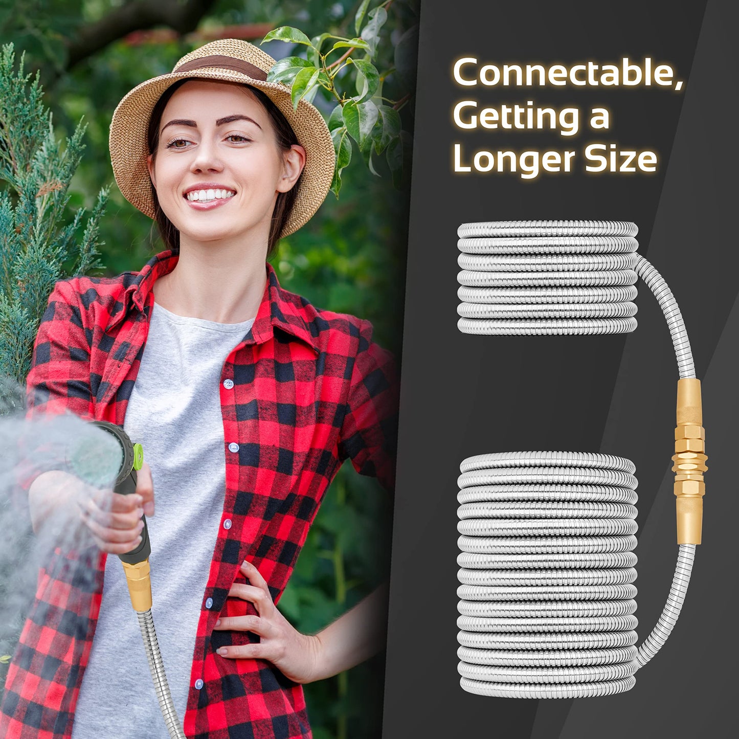 360Gadget Garden Hose Metal - 50ft Heavy Duty Stainless Steel Water Hose with 8 Function Sprayer & Metal Fittings, Flexible, Lightweight, No Kink, Puncture Proof Hose for Yard, Outdoors, Rv