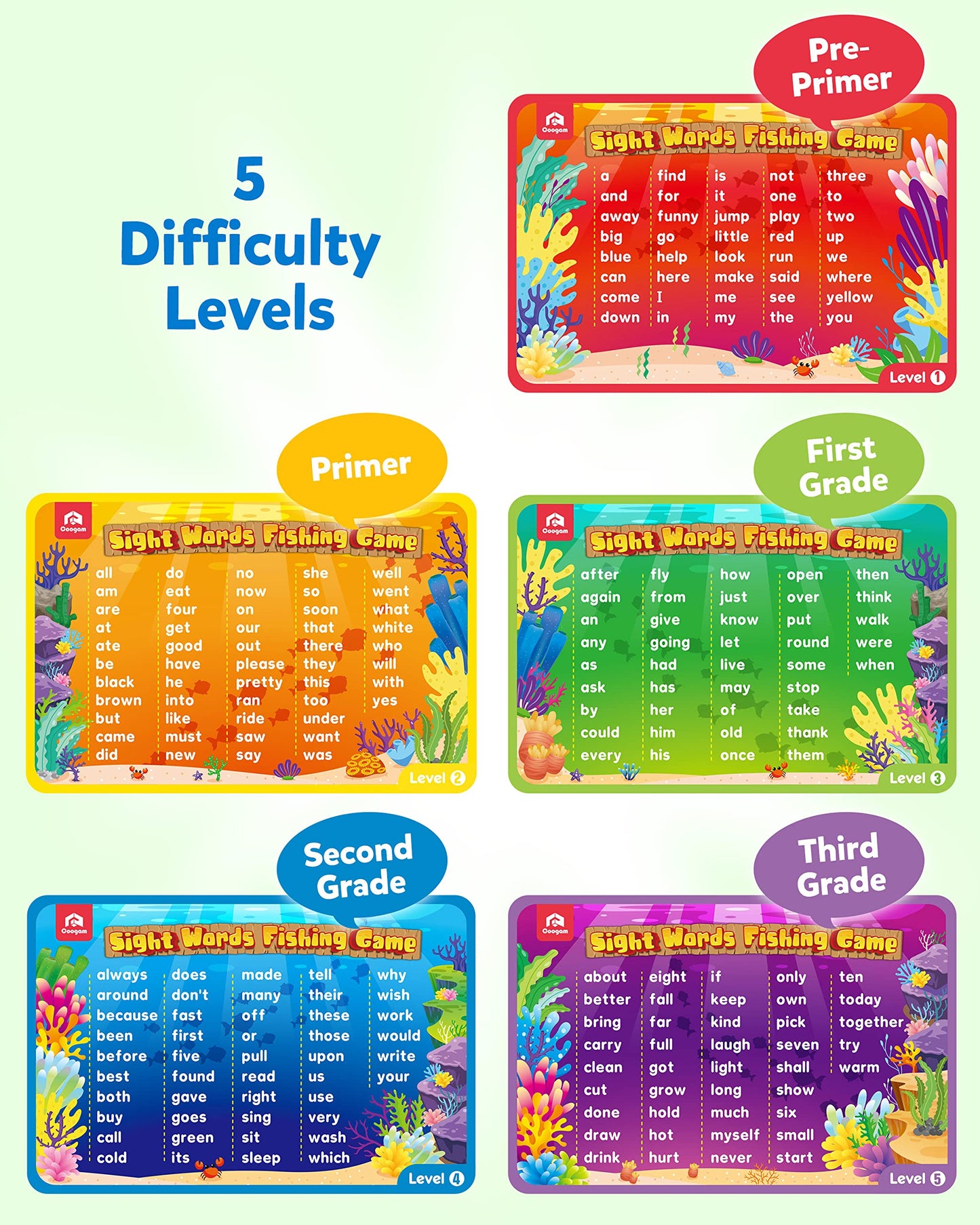 Coogam Wooden Magnetic Fishing Sight Words Game Learning Dolch Word Flashcards Montessori Educational Toy for Preschool Kids