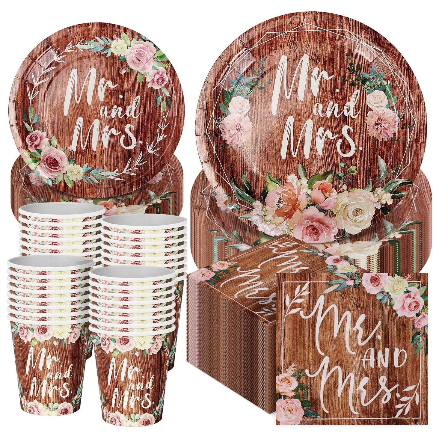 250 Pcs Bridal Shower Plates and Napkins Sets, 9'' Dinner Plate, 7'' Dessert Plate, 9 Oz Cup, Wedding Paper Plates for 50 Guests, Wedding Supplies Engagement Party Decorations - Retro Wood Grain