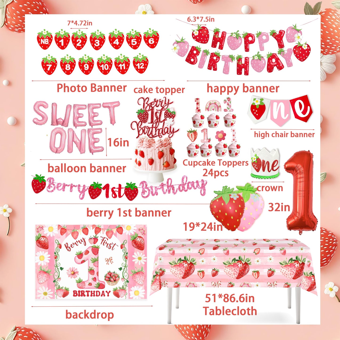 Berry First Birthday Decorations Strawberry 1st Decorations for Girls Sweet One Strawberry Decor Party Supplies include Photo Banner Highchair Banner Backdrop Tableware Set