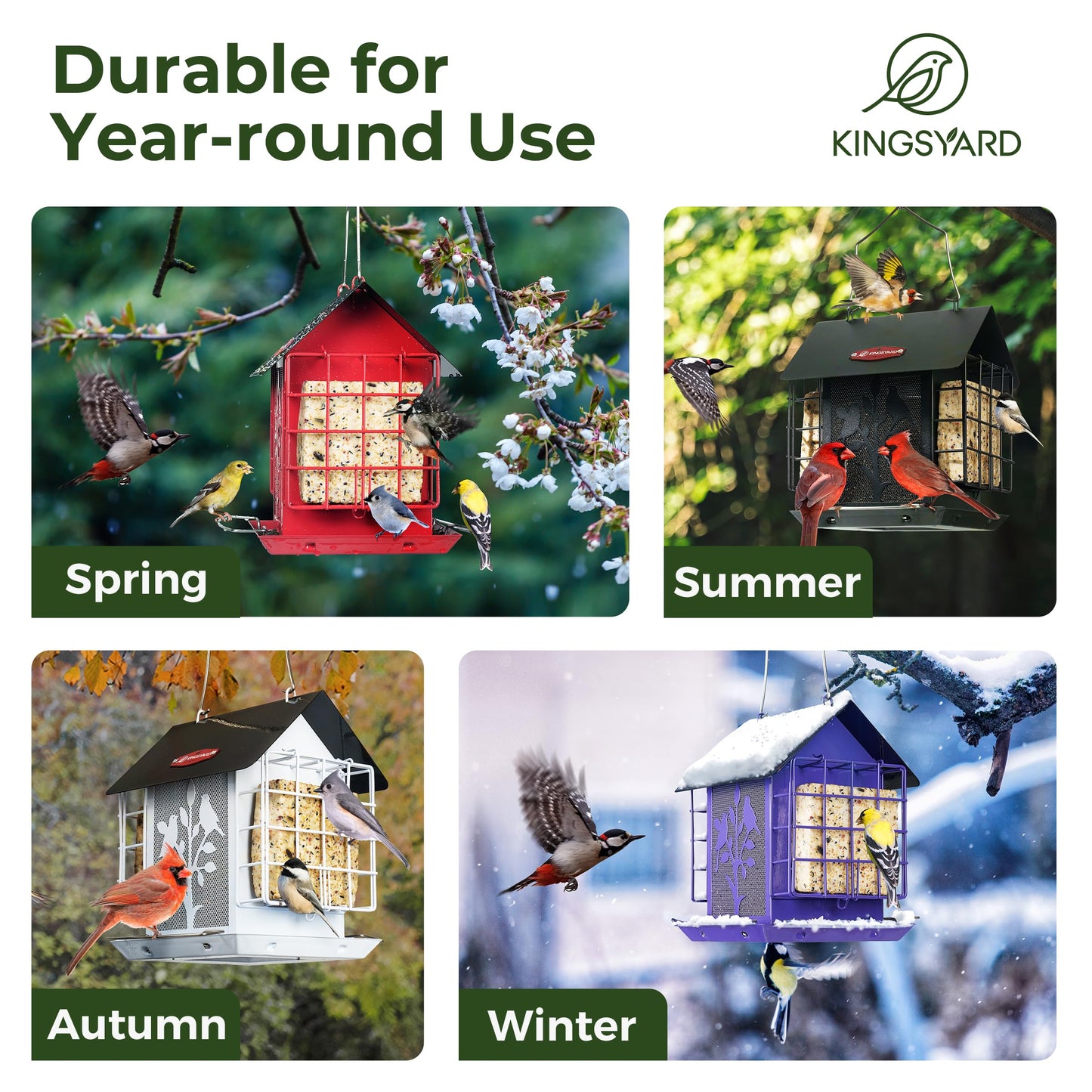 Kingsyard Bird Feeder for Outdoor Hanging, All Metal, Wild Bird Feeder with Double Suet Cages, Seeds Tray & Rainproof Roof, 3 LBS Large Capacity, Red