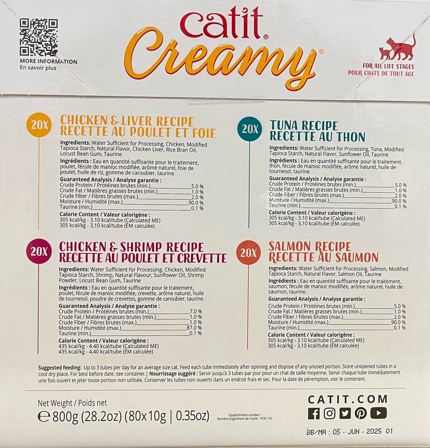 Catit Creamy Lickable Cat Treat, Healthy Cat Treat, 4 flavours, 80 tubes, 800g (80 X 10g)