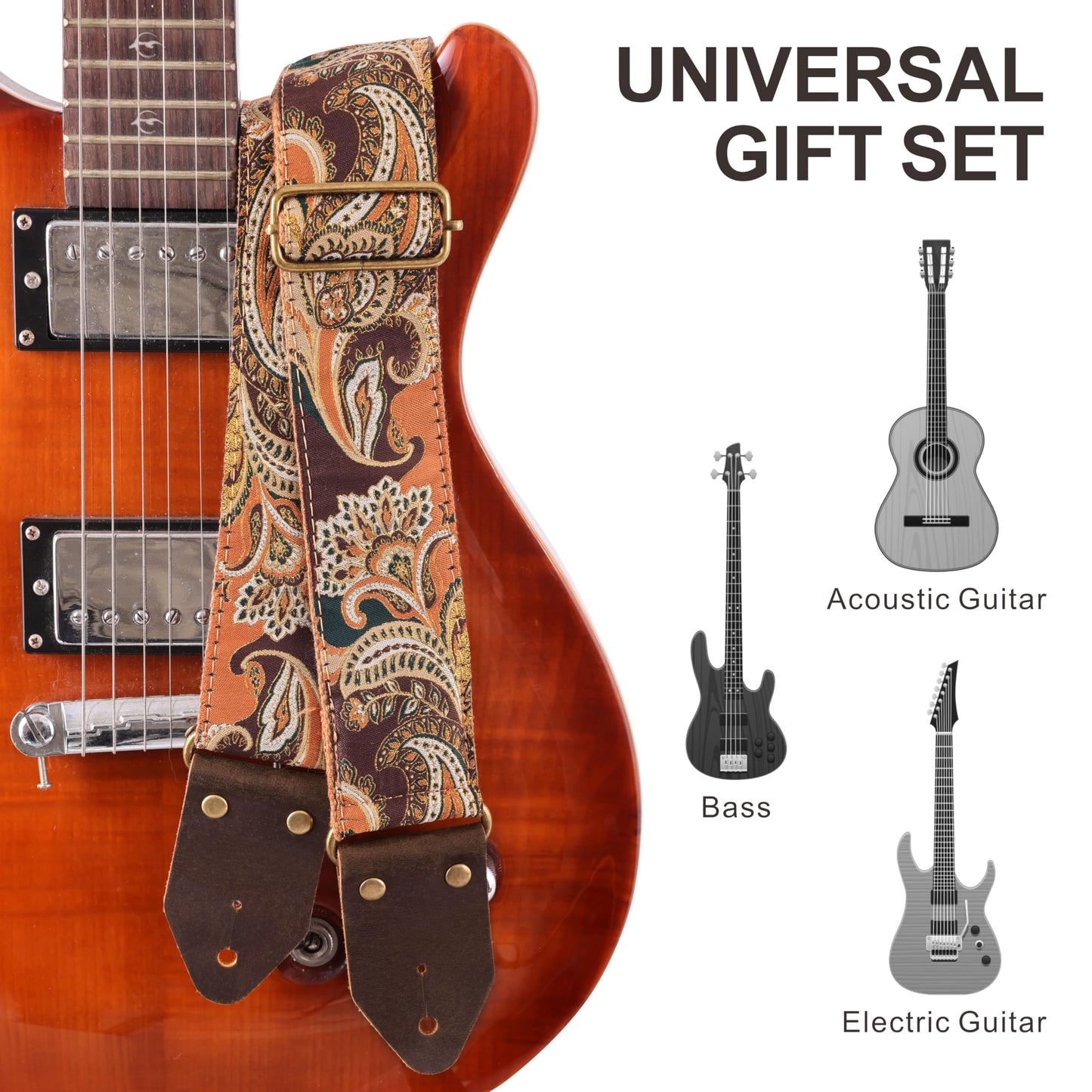 Nefelibata Guitar Strap,Crazy Horse Leather Jacquard Embroidery Cotton Guitar Straps for Bass, Electric & Acoustic, Best Gifts for Guitarists(Golden Silk Brown Flower)