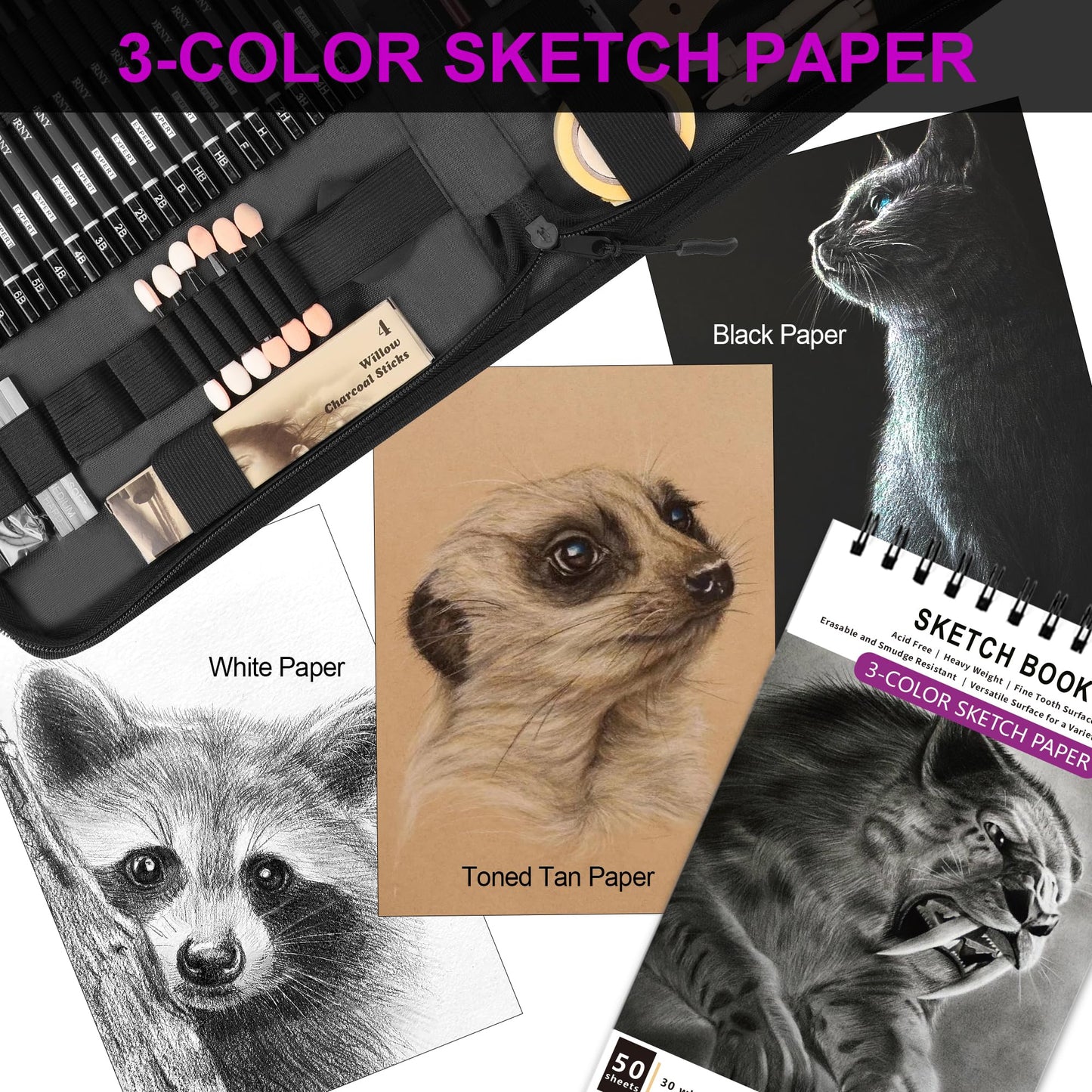 HIFORNY 70 Pcs Drawing Set Sketching Kit - Sketch Pencils Art Supplies for Adults Artists with 3-Color Sketchbook,Graphite,Pastel,Charcoal Pencils,Blending Tools