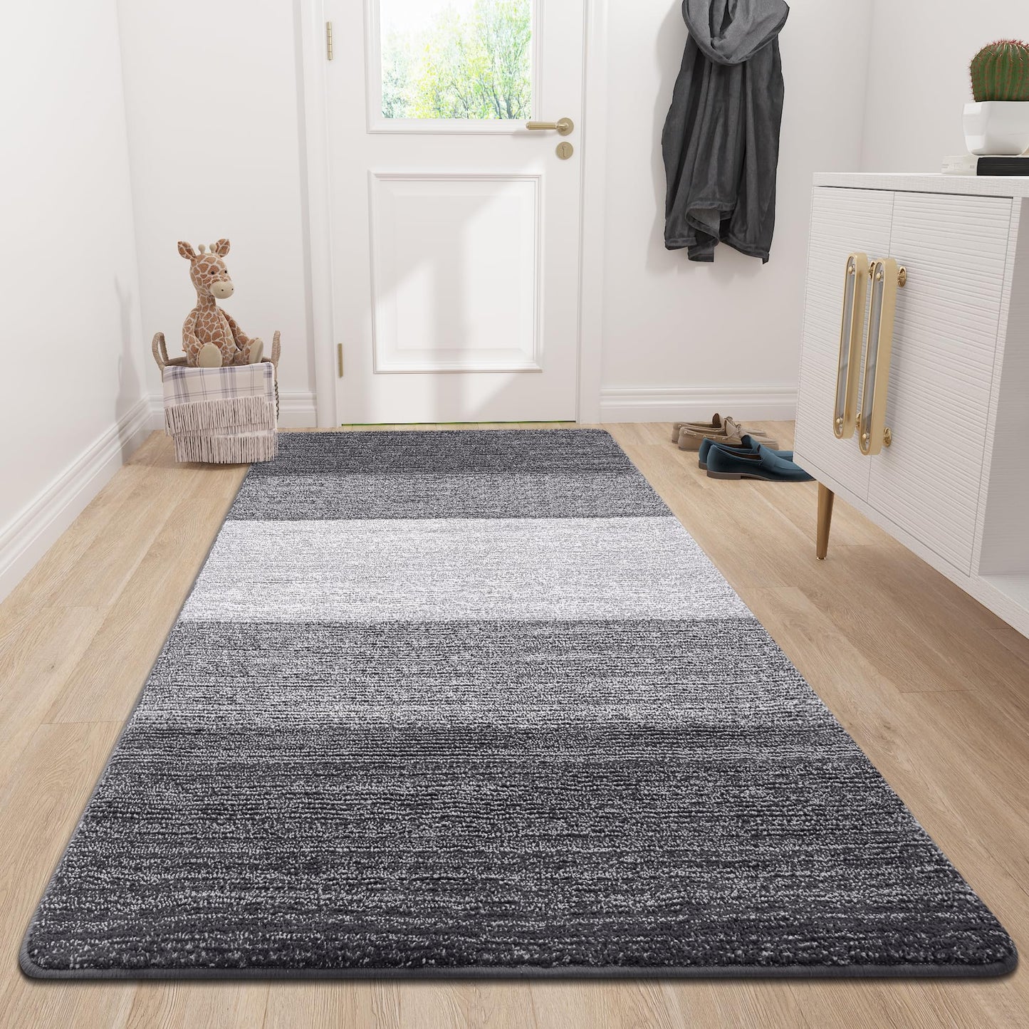 Grandaily Indoor Doormat, 35" x 59" Non-Slip Mud Trapper Absorbent Front Door Mats, Washable Striped Inside Entryway Mat, Low-Profile Welcome Mat Entrance Mat, Grey
