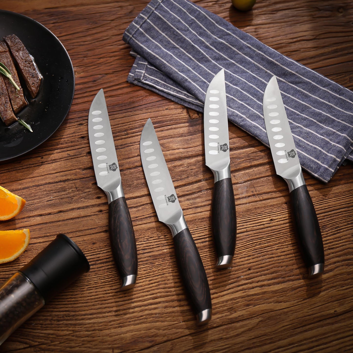 WILDMOK 5 Inch Steak Knives Set of 4, Ultra Sharp Steak Knives Kitchen Knives Set, German Stainless Steel Steak Knife Set Black Pakkawood Handle with Gift Box