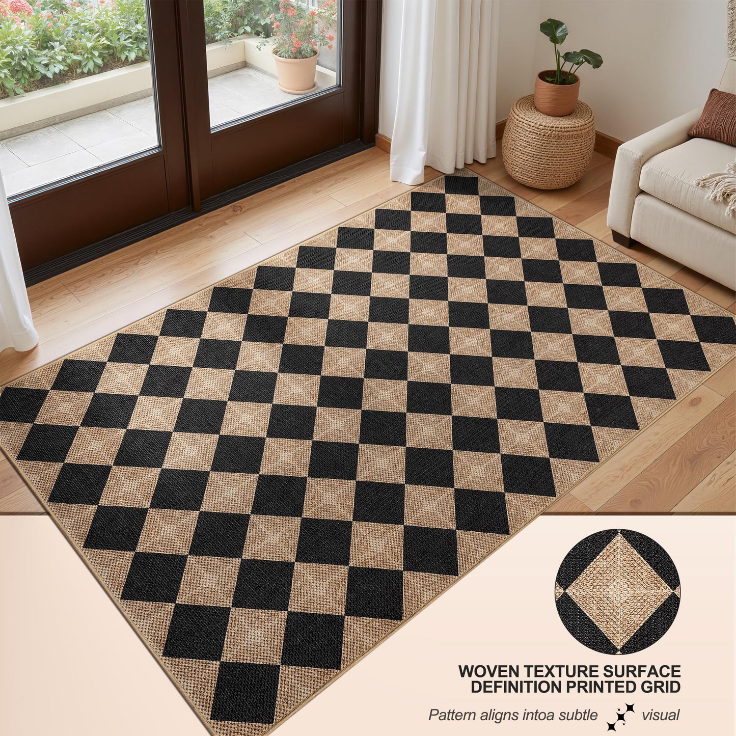 Dadasgk Checkered Easy Jute 3x5 Outdoor Patio Rug, Washable Non Slip Rugs for Entryway,Textured Diamond Indoor Outdoor Living Room Carpet, Farmhouse Neutral Black Door Rug for Backyard Bedroom