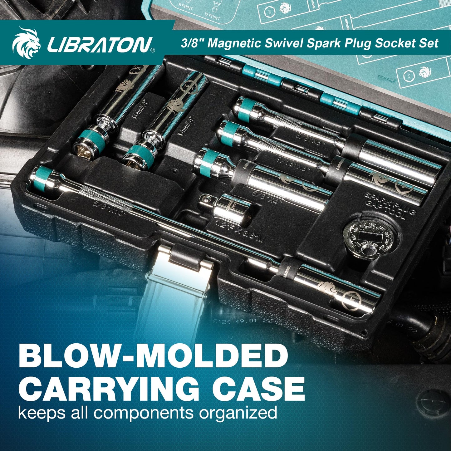LIBRATON 8PCS 3/8"Dr. Magnetic Spark Plug Socket Set, Include Gapper & Extension Bar, Swivel Head Thin Wall (5/8" 9/16" 14mm 16mm), 6 &12 Point for Truck Motorcycle Auto Repair, w/4",6",10", CR-V