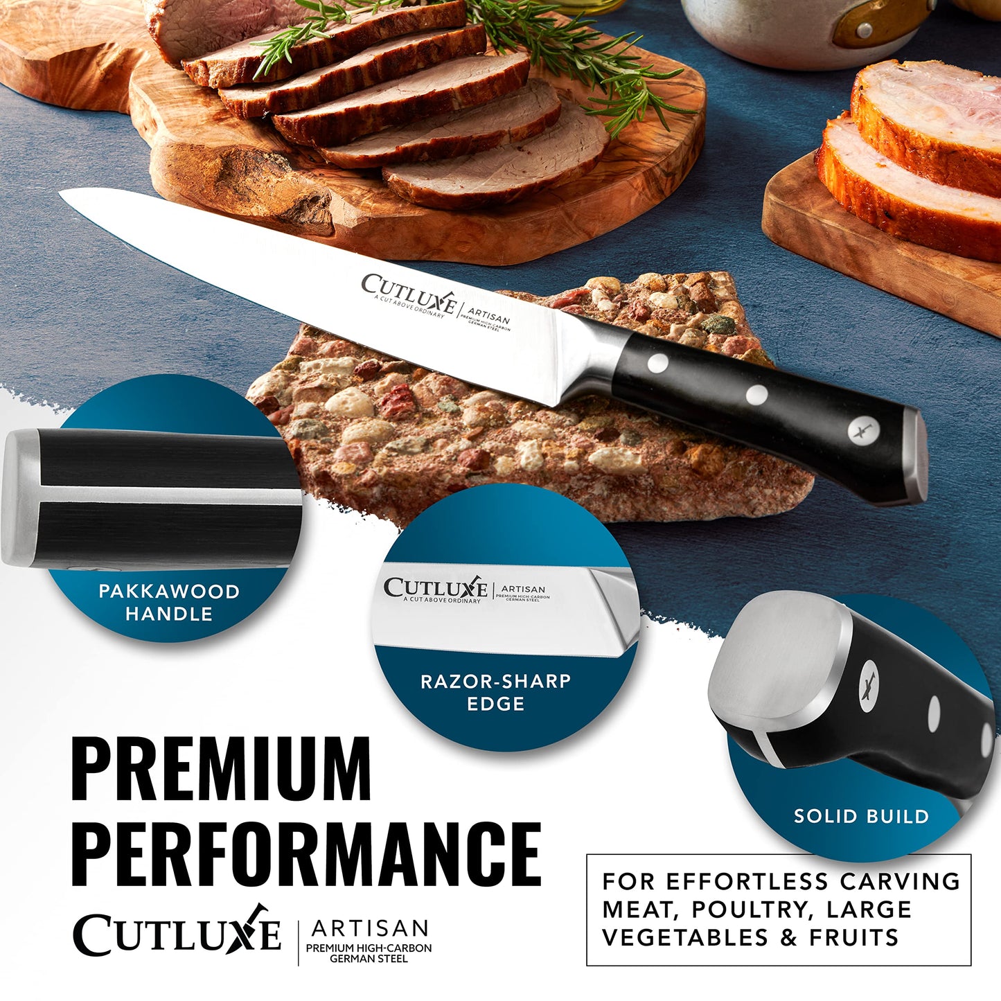 Cutluxe Carving Knife Set – Carving Fork & Carving Knife for Meat, BBQ, Brisket, Turkey – Razor Sharp Premium German Steel – Full Tang, Ergonomic Handle – Artisan Series