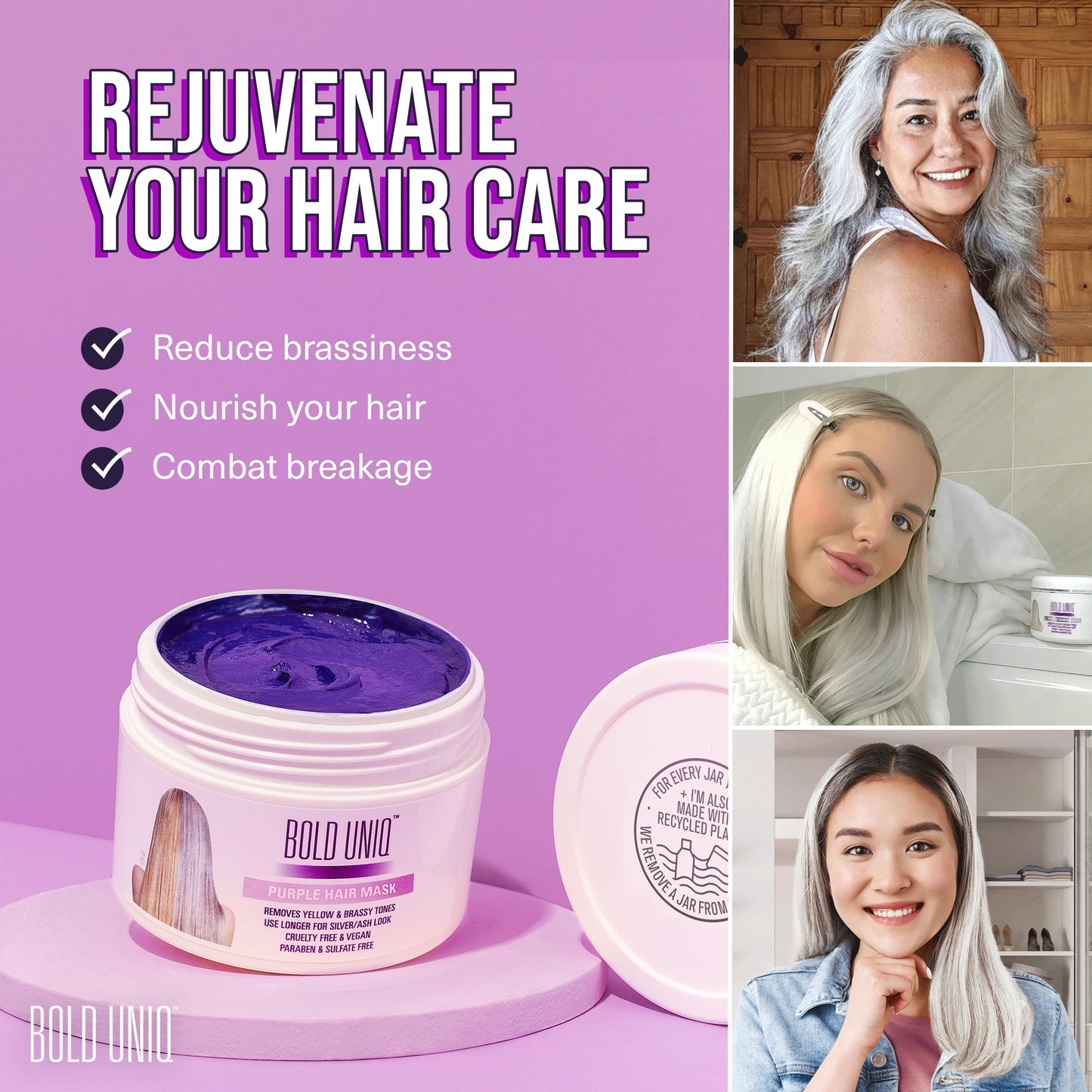 BOLD UNIQ Purple Hair Mask for Blonde, Platinum, Silver Hair - Banish Yellow Hues: Blue Masque to Reduce Brassiness and Condition Dry, Damaged Hair - Sulfate-Free Toner - 200ml