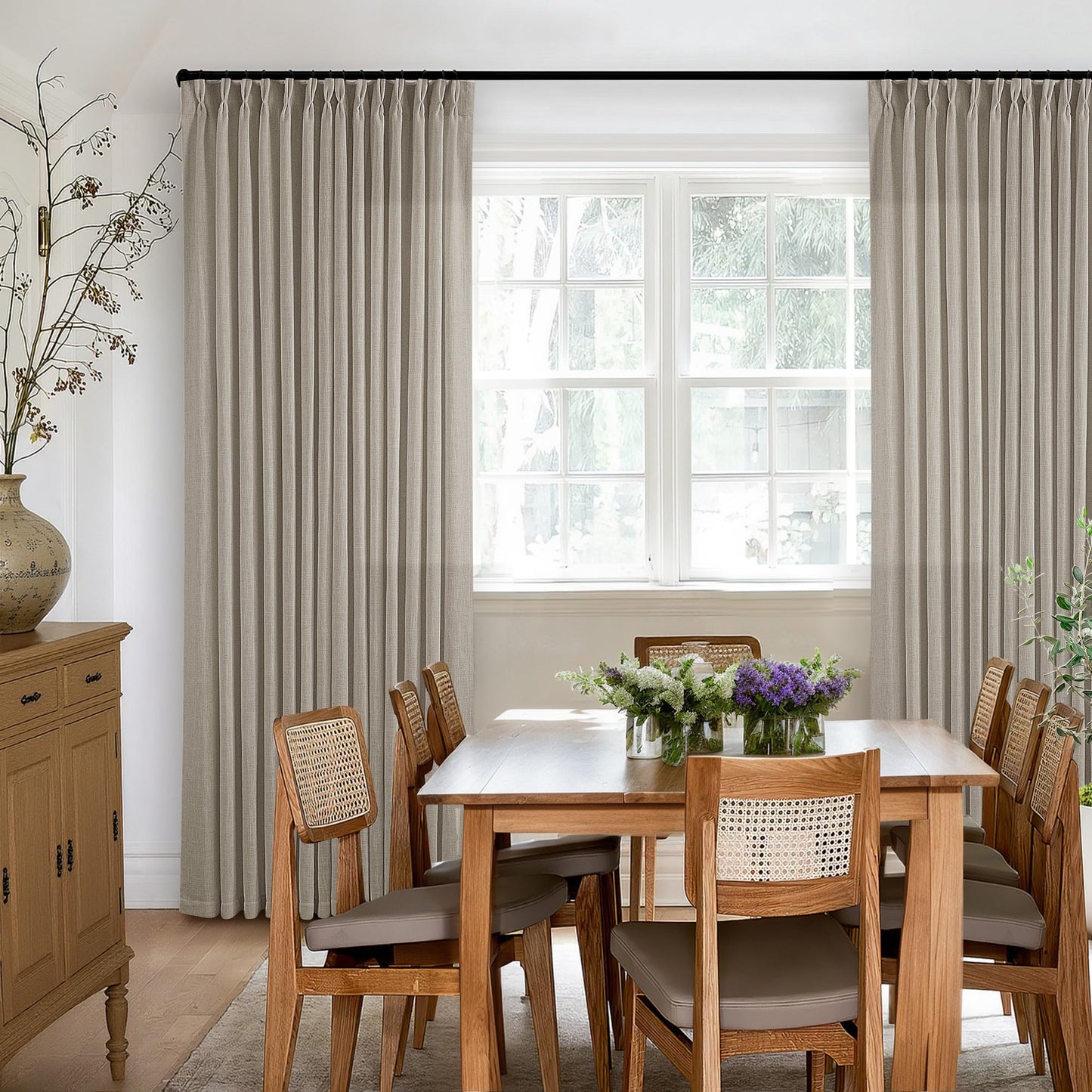 Taupe 90 Inch Pinch Pleated Linen Curtains 2 Panel Set for Living Room Thick Linen Textured Drapes 90 Inches Long Pinch Pleat Drapes Semi Sheer Curtain for Dining Bedroom Office Dark Flax Burlap
