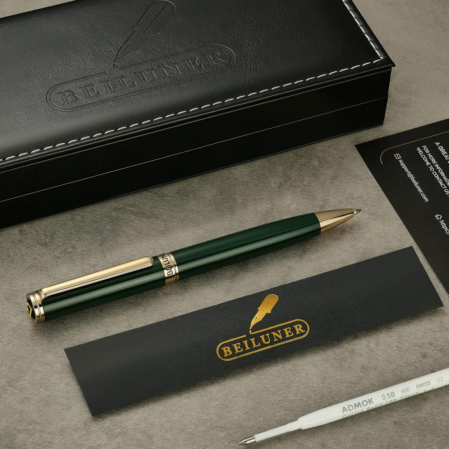 BEILUNER Luxury Gel Pen with 24K Gold Electroplating Finish, Green Piano Lacquer, Nice Craftsmanship, Best Gel Pen Gift Set for Men and Women, Professional, Office, Retractable, Designer Pens