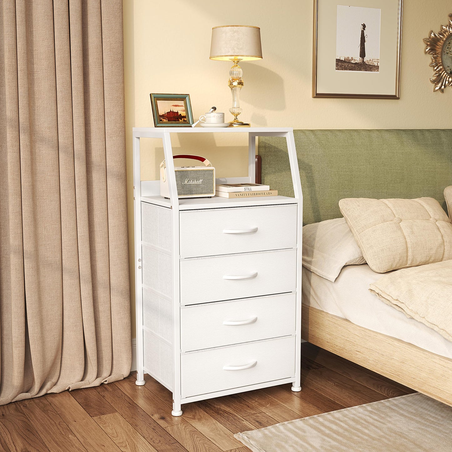 Mexin Dresser for Bedroom, Tall Night Stand with 4 Drawers, Bedside Table de Chevet, Small Chest of Drawers for Closet Living Room, White