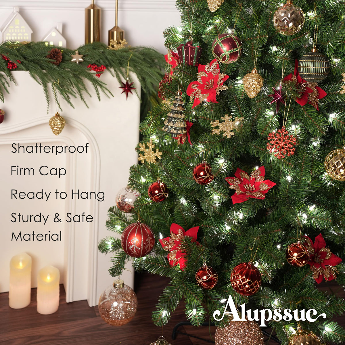Alupssuc 82pcs Christmas Balls Ornaments Set, Delightful Classic Gift Set Gift Set, and Tree Topper for Xmas Tree Holiday Wedding Party Decorations with Hanging Strings, GoldïŒRed and Green