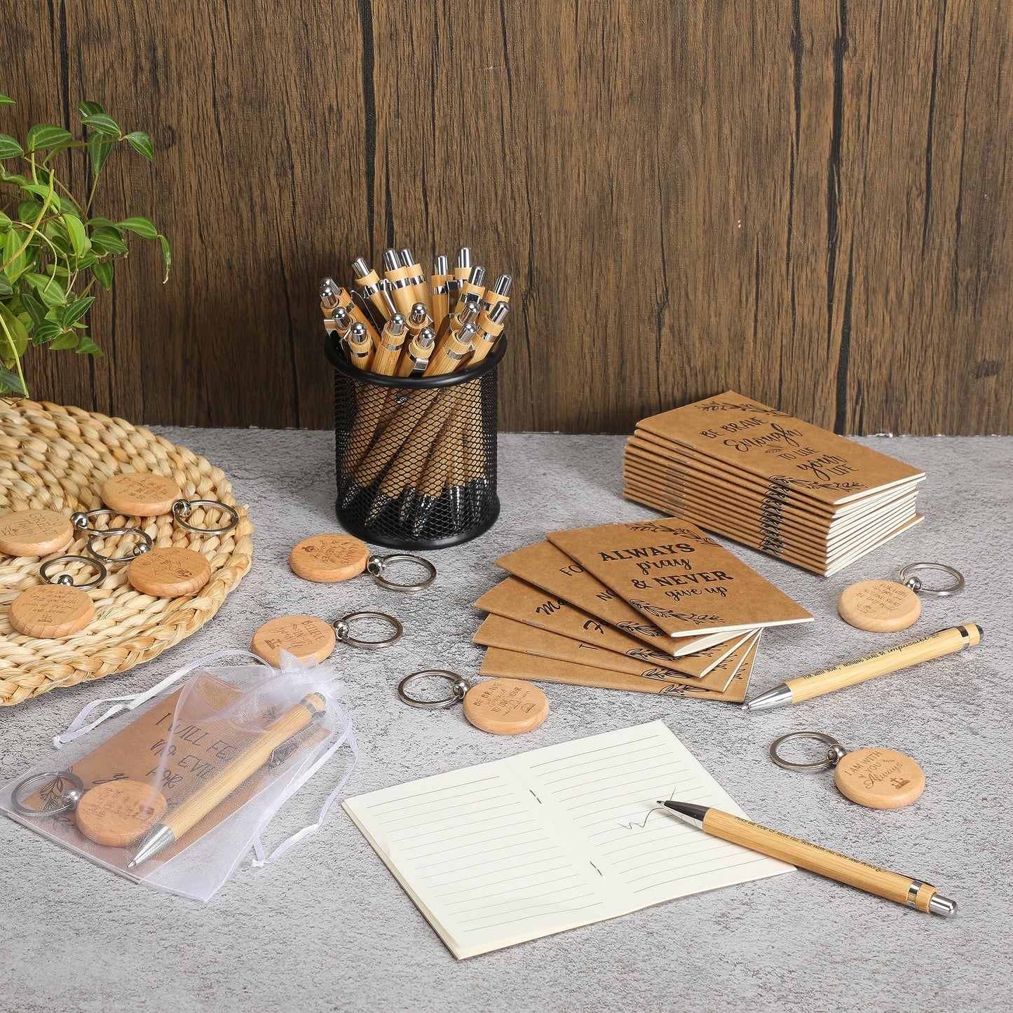 Yeaqee 80 Pcs Christian Gifts Retractable Bamboo Pen Bible Verse Inspirational Notebook Keychain Organza Bags for Women Men Gifts