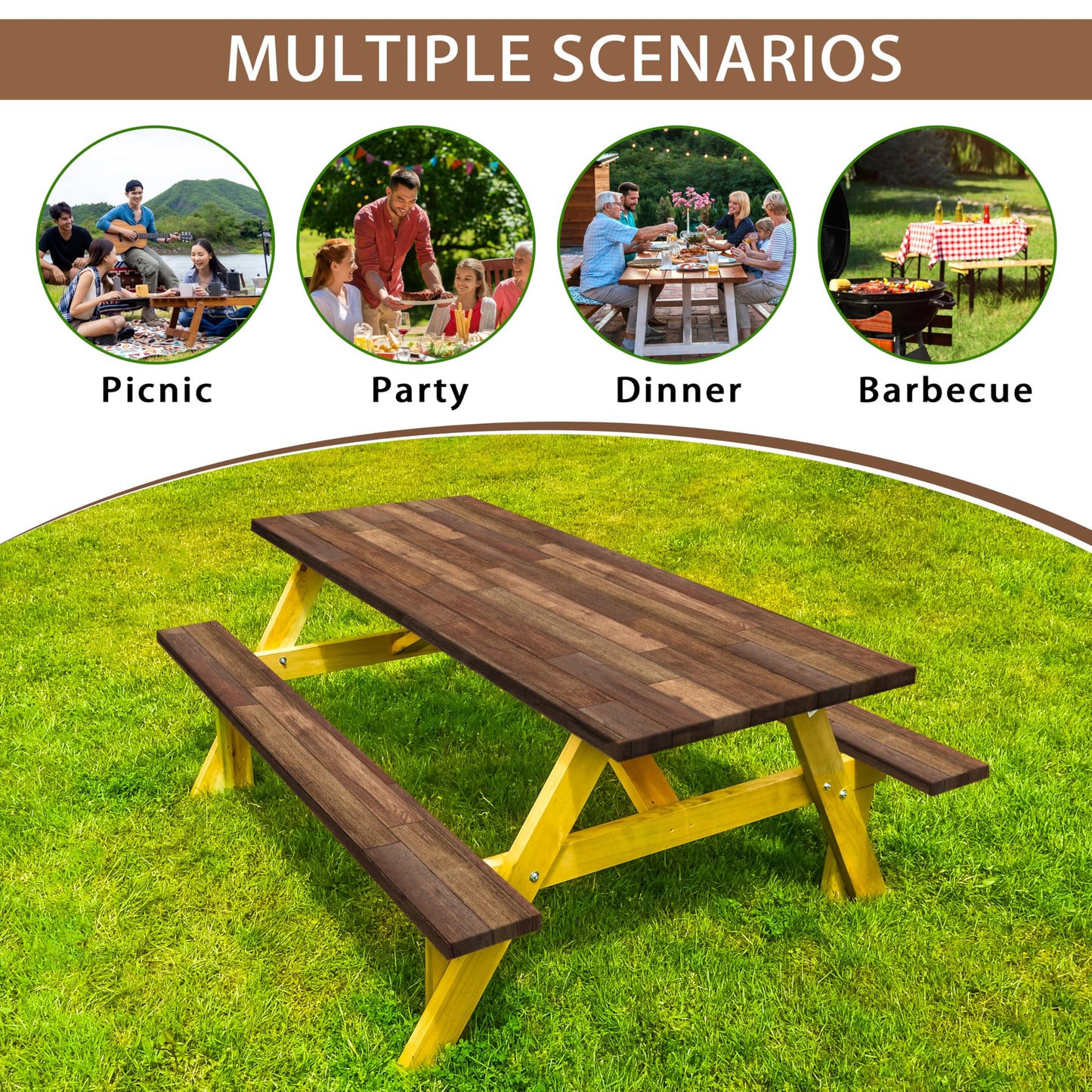 Kamoor Picnic Table Cover with Bench Covers Waterproof Camping Essentials Wooden Brown Elastic Outdoor Fitted Tablecloth Reusable Rectangle Table Cloth for RV Party Travel