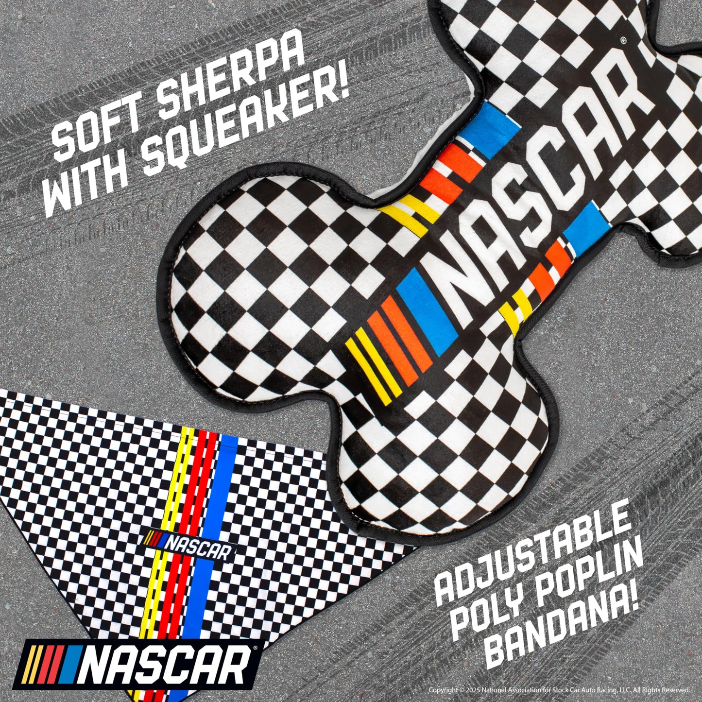 design LAB, Inc. NASCAR Official Merchandise | Medium Sherpa Bone Dog Toy with Squeaker & NASCAR Dog Bandana | Plush Dog Toy for Snuggling, Tossing & Chewing | Official NASCAR Pet Gift Set