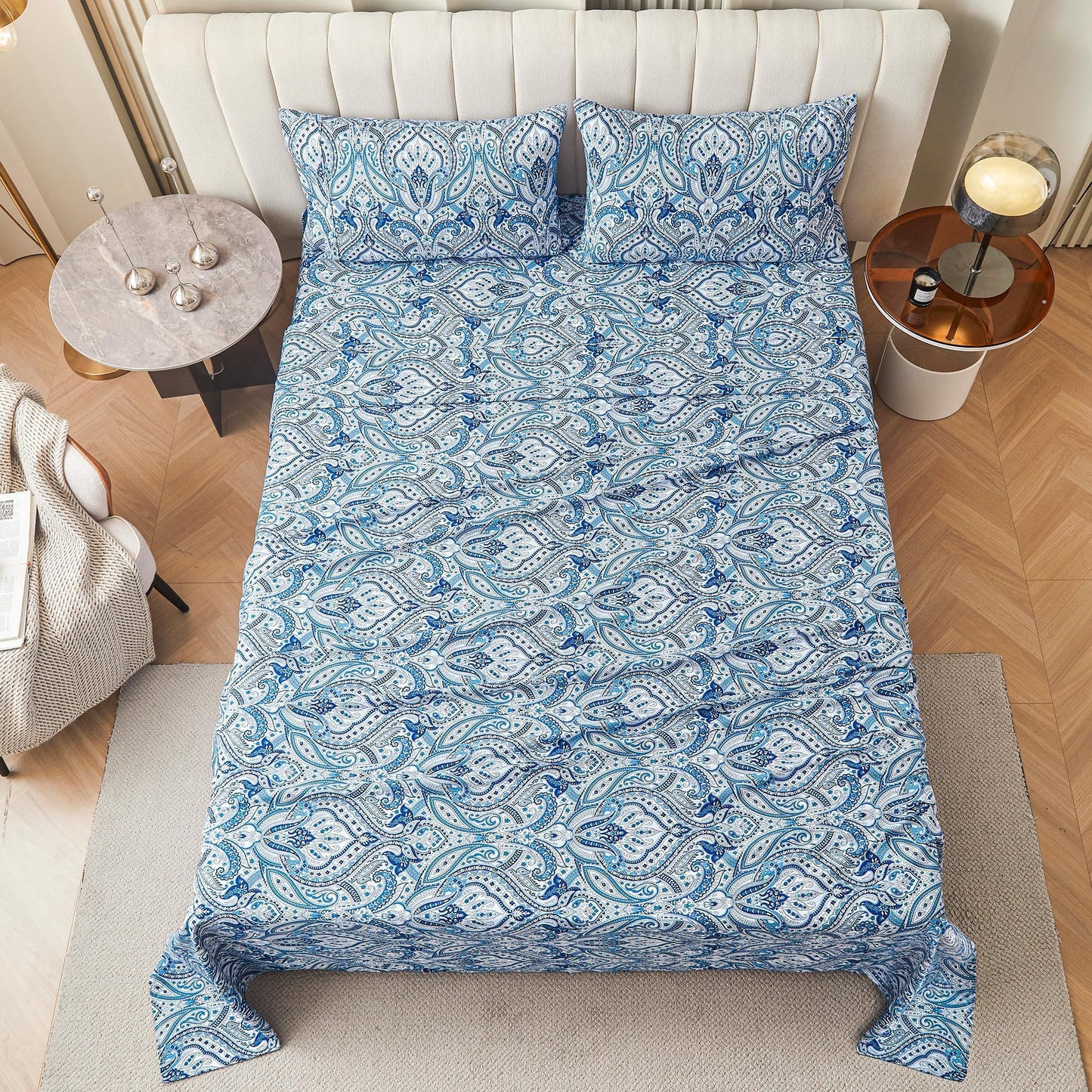Blue Paisley Printed Bed Sheets Queen Size, Floral Sheet Set Queen, Brushed Microfiber Fitted Sheet with 15" Deep Pocket, Flower Sheet & Pillowcase Sets