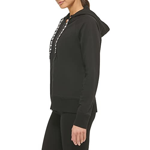 DKNY Women's Logo Drawstring Zip Up Hoodie, Activewear Sweatshirt, Black, Medium