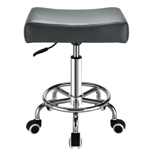 Grey Square Salon Rolling Stool - 300lbs Weight Capacity，Adjustable Swivel Stool with Wheel，Pu Leahter Comfortable Cutting Stools for Salon Tattoo Stylist Massage Perfect for Work SPA (Grey)