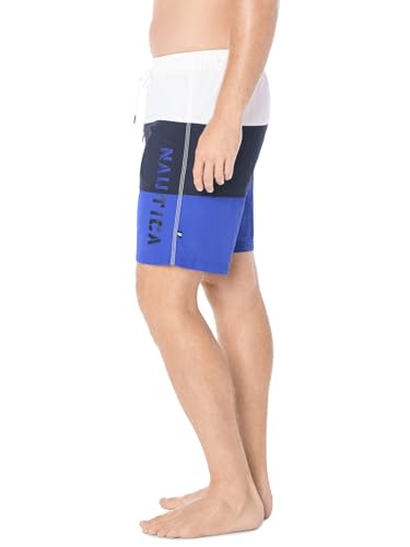 Nautica Men's Standard Quick Dry Classic Logo Tri-Block Series Swim Trunk, Bright Cobalt, Large