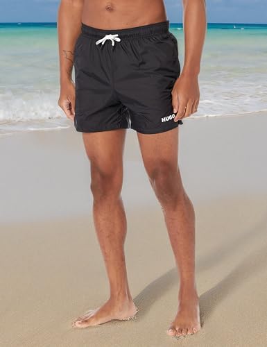 HUGO Men's Standard Small Logo Quick Dry Swim Trunks, Basic Black, Large