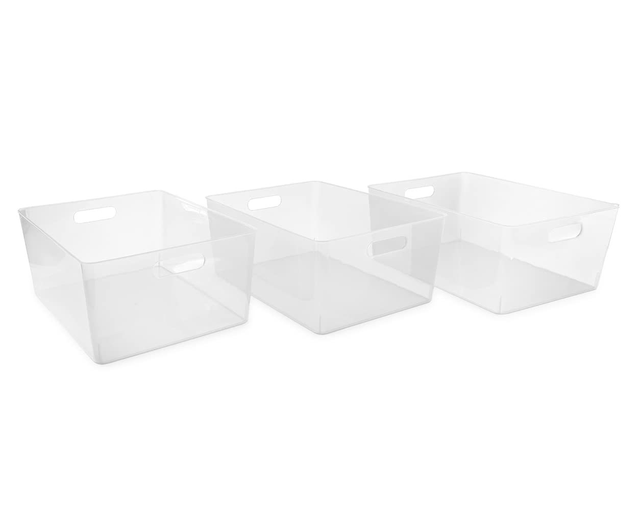 Isaac Jacobs 3-Pack Extra-Large Clear Plastic Storage Bin Set w/ Cut-Out Handles, Multi-Use, Home, Office, Pantry, Closet, Kitchen, Fridge/Freezer, BPA Free, Food Safe (13.9” x 10.6” x 5.75”)