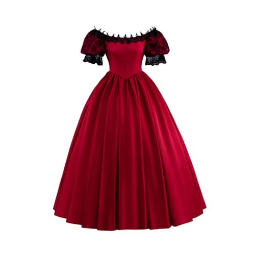 ZODICOS Women's Gothic Victorian Rococo Lace Dress Southern Belle Costume Civil War Colonial Ball Gown Dress, Red, 3X-Large